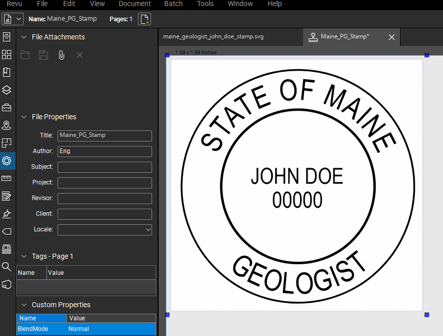 Maine Geologist stamp applied to a PDF drawing in Bluebeam Revu