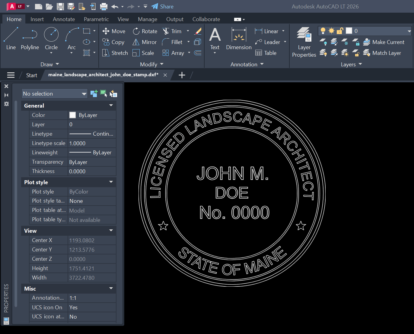 Maine Landscape Architect stamp DXF opened in AutoCAD
