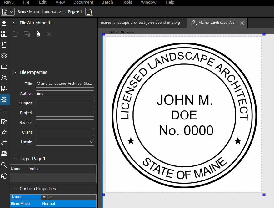 Maine Landscape Architect stamp applied to a PDF drawing in Bluebeam Revu