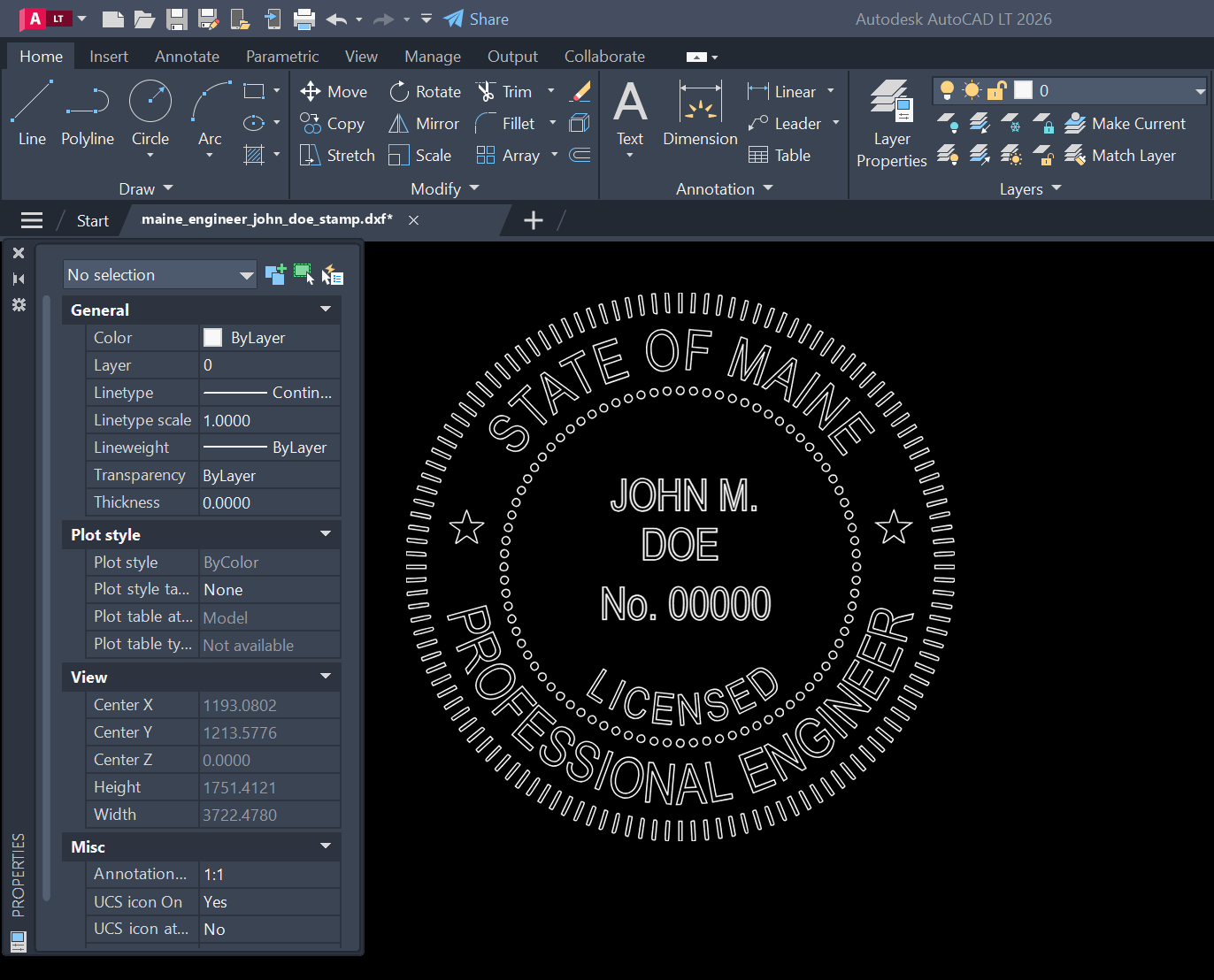 Maine PE stamp DXF opened in AutoCAD