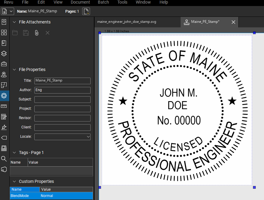 Maine PE stamp applied to a PDF drawing in Bluebeam Revu