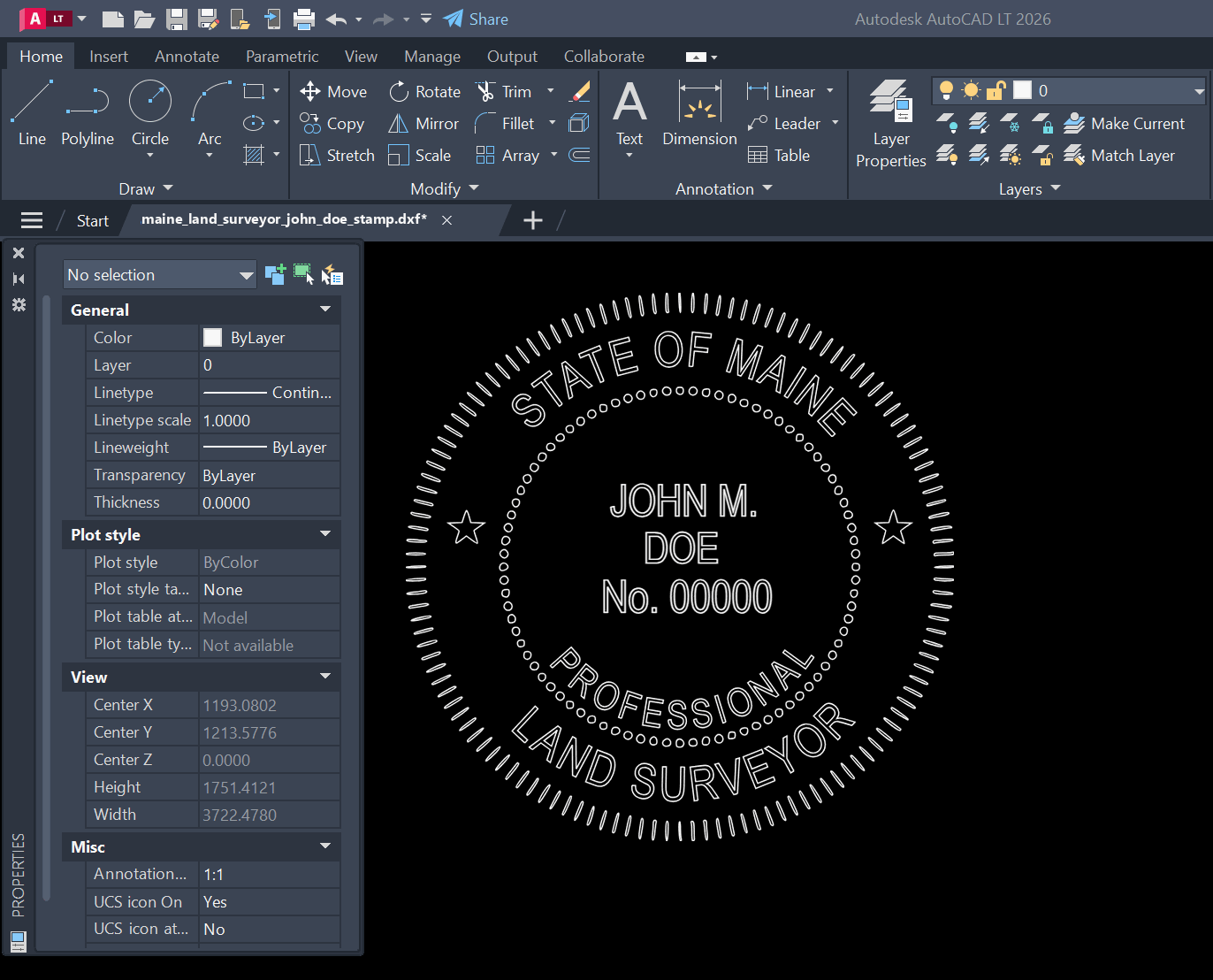 Maine Land Surveyor stamp DXF opened in AutoCAD