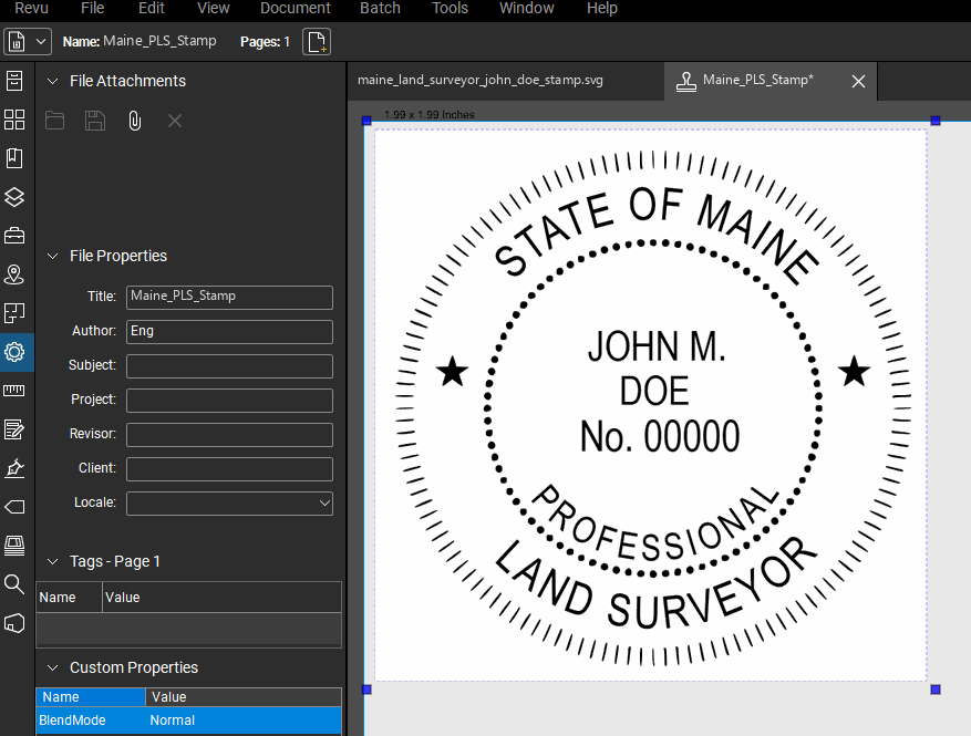 Maine Land Surveyor stamp applied to a PDF drawing in Bluebeam Revu