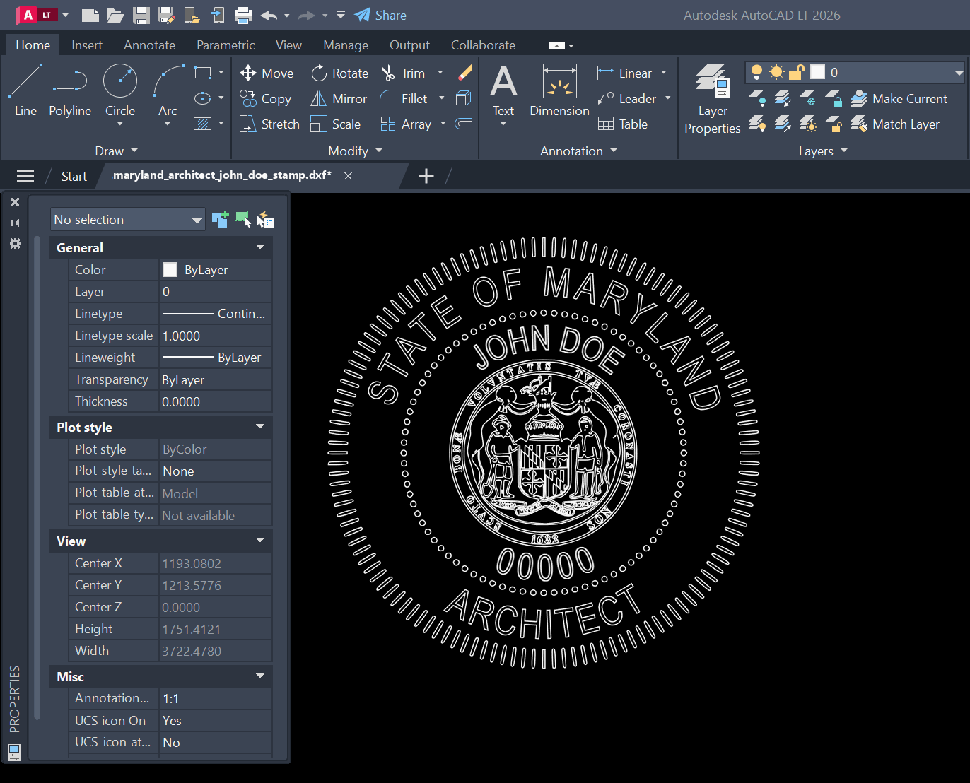 Maryland Architect stamp DXF opened in AutoCAD