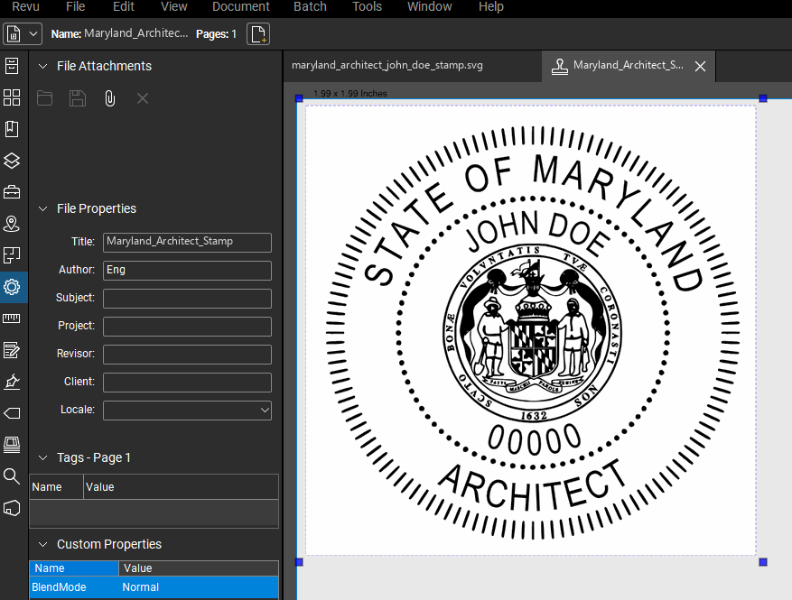 Maryland Architect stamp applied to a PDF drawing in Bluebeam Revu