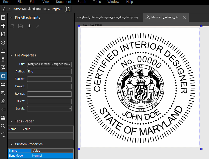 Maryland Interior Designer stamp applied to a PDF drawing in Bluebeam Revu