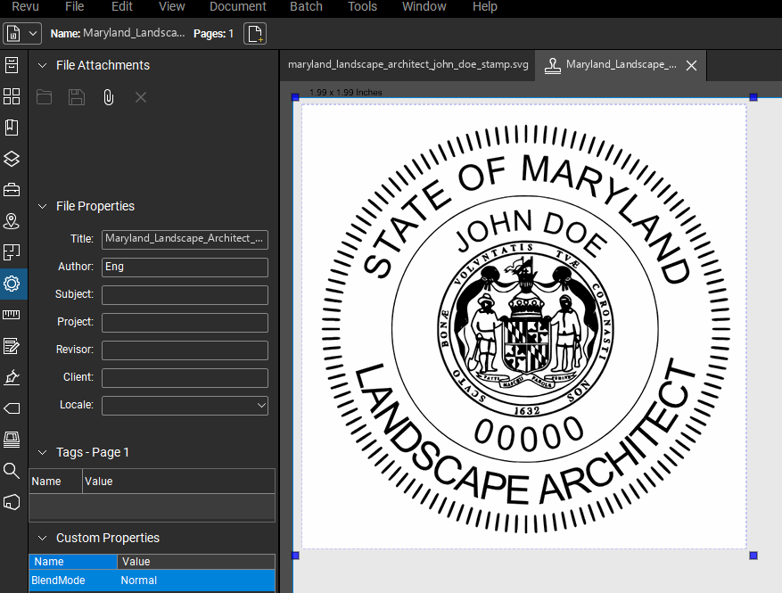 Maryland Landscape Architect stamp applied to a PDF drawing in Bluebeam Revu