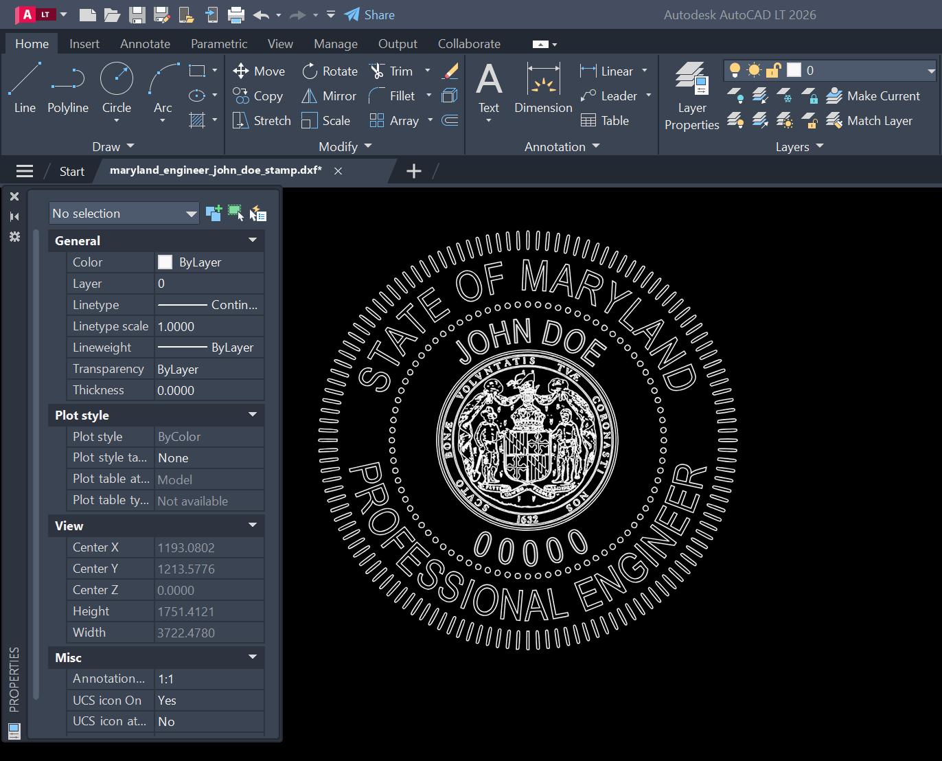 Maryland PE stamp DXF opened in AutoCAD