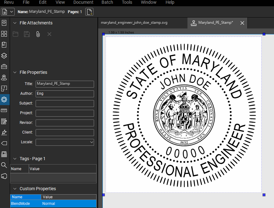 Maryland PE stamp applied to a PDF drawing in Bluebeam Revu