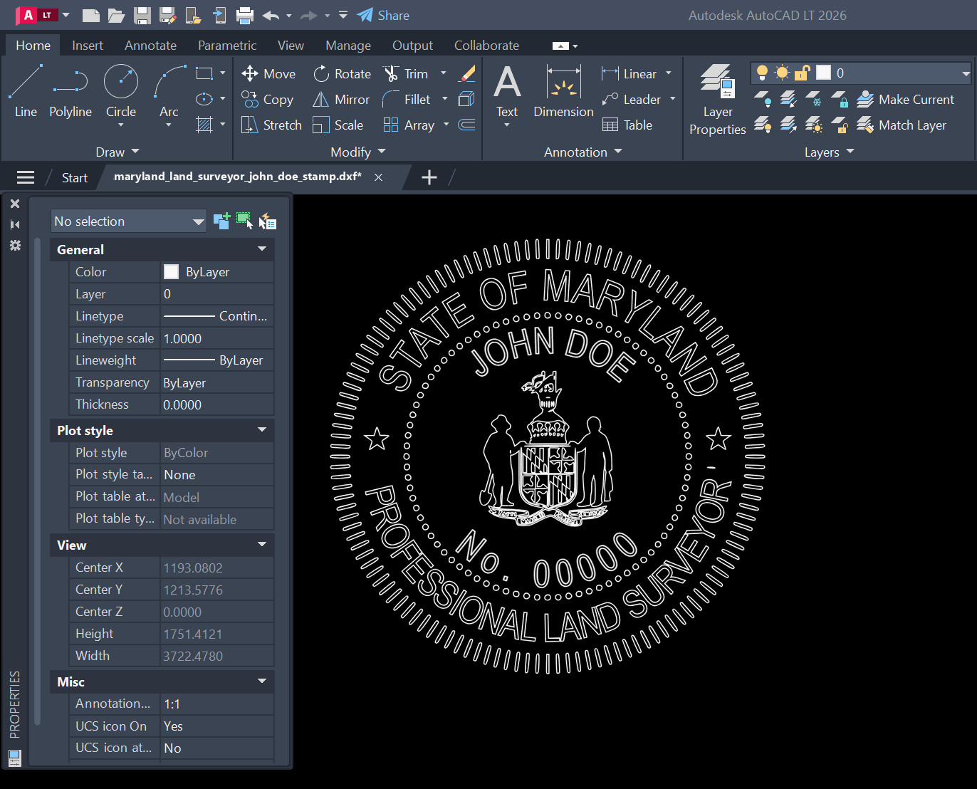 Maryland Land Surveyor stamp DXF opened in AutoCAD