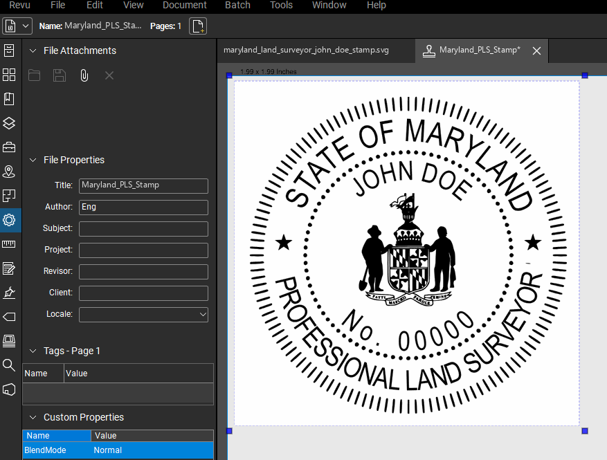 Maryland Land Surveyor stamp applied to a PDF drawing in Bluebeam Revu