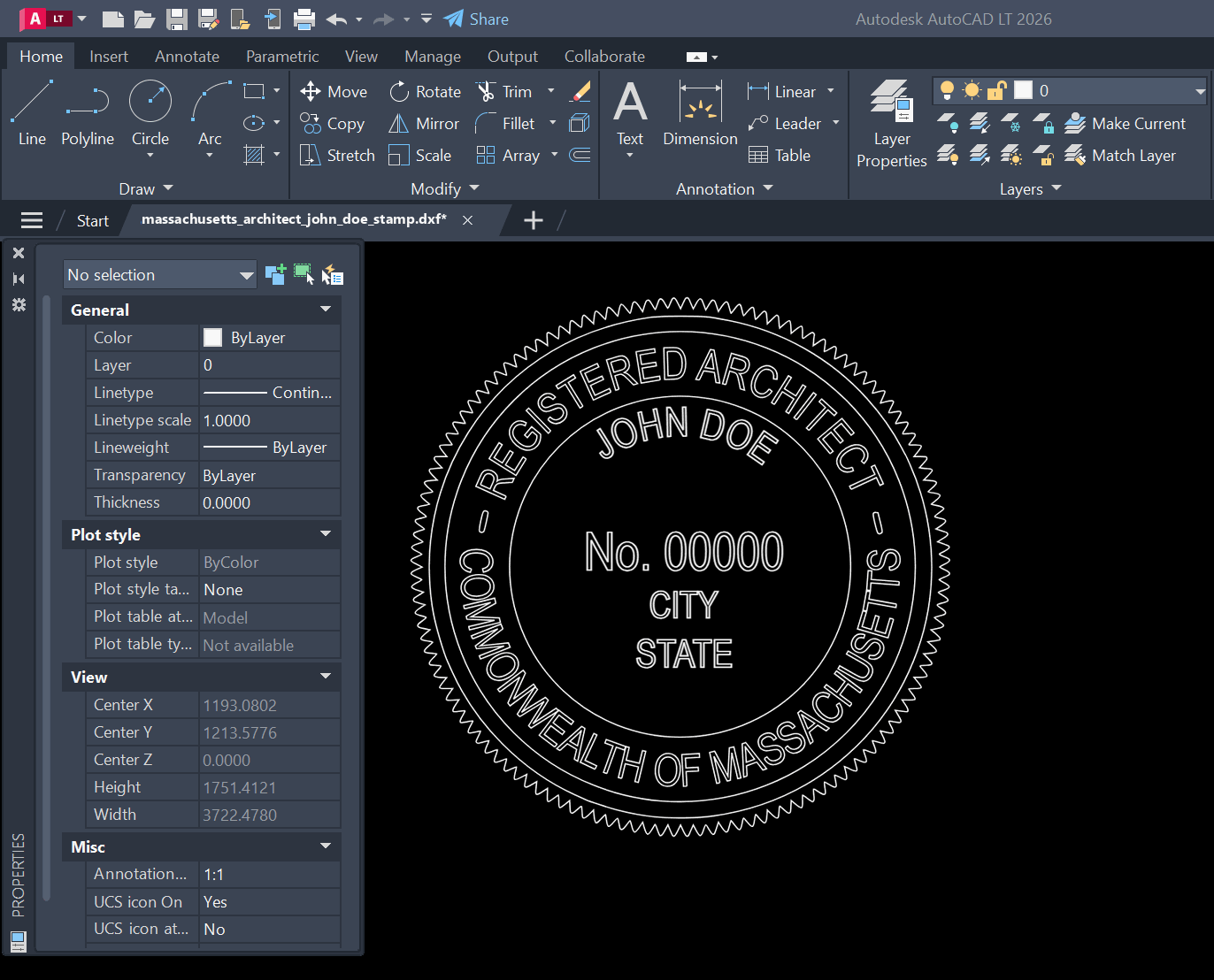 Massachusetts Architect stamp DXF opened in AutoCAD