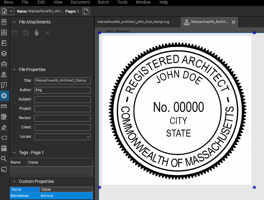 Massachusetts Architect stamp applied to a PDF drawing in Bluebeam Revu