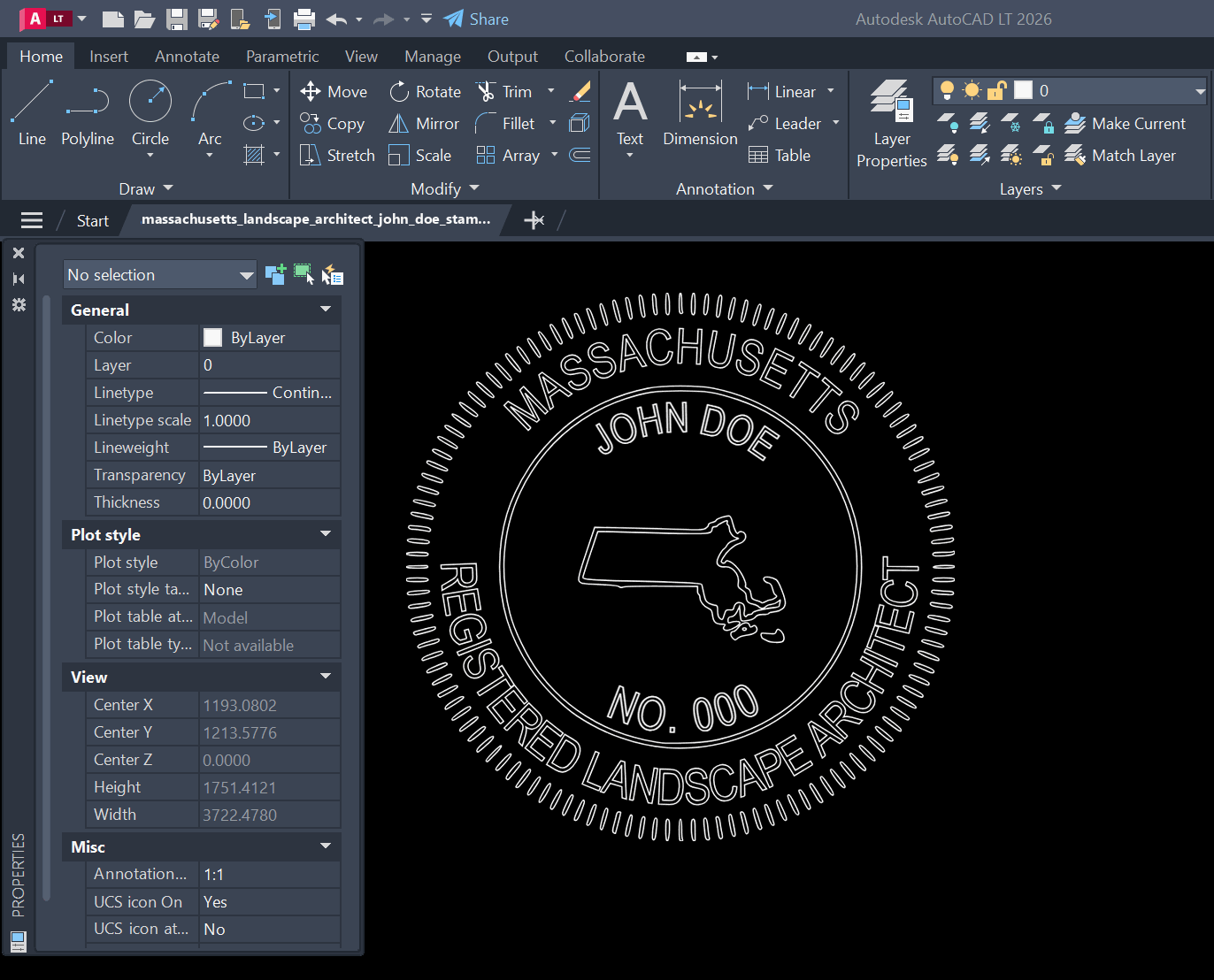 Massachusetts Landscape Architect stamp DXF opened in AutoCAD