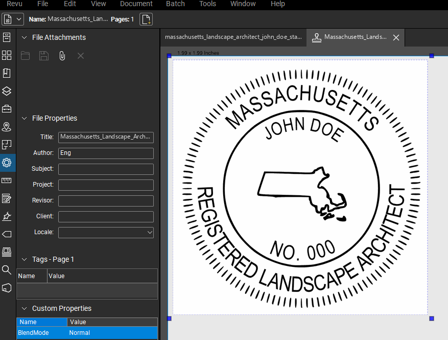 Massachusetts Landscape Architect stamp applied to a PDF drawing in Bluebeam Revu