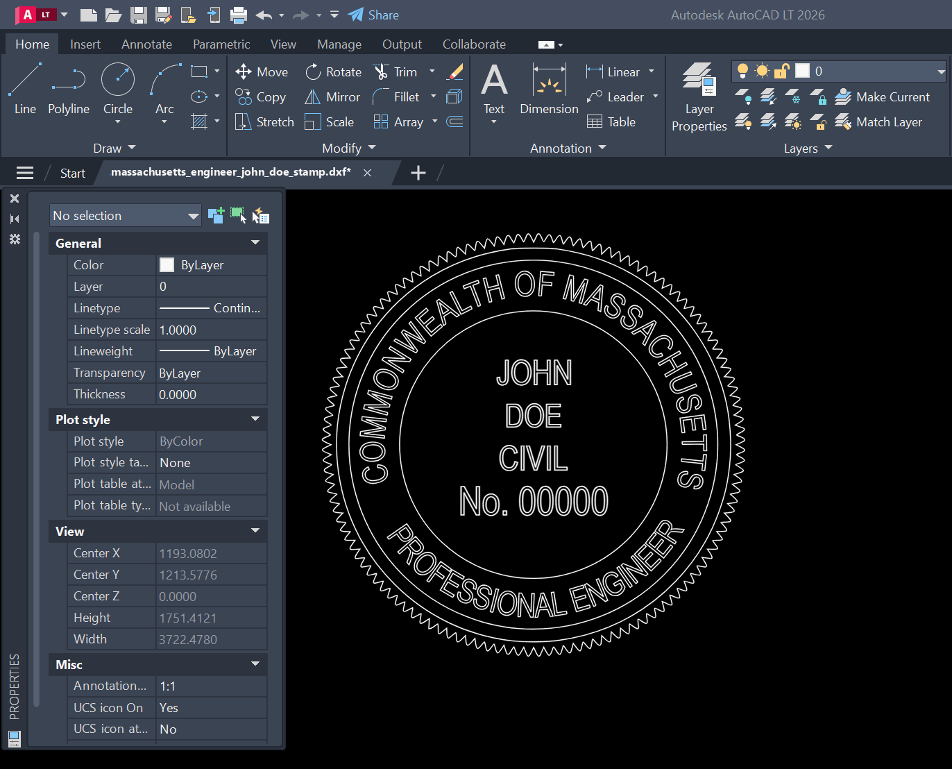 Massachusetts PE stamp DXF opened in AutoCAD