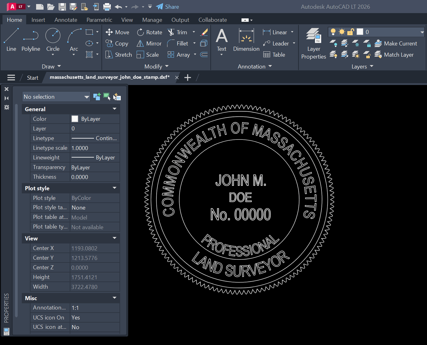 Massachusetts Land Surveyor stamp DXF opened in AutoCAD