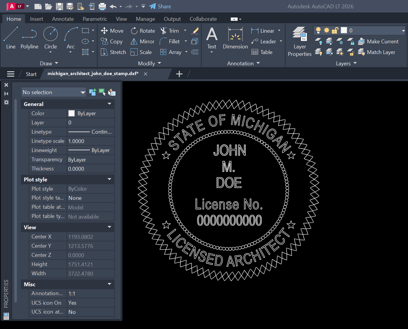 Michigan Architect stamp DXF opened in AutoCAD