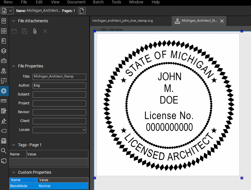 Michigan Architect stamp applied to a PDF drawing in Bluebeam Revu