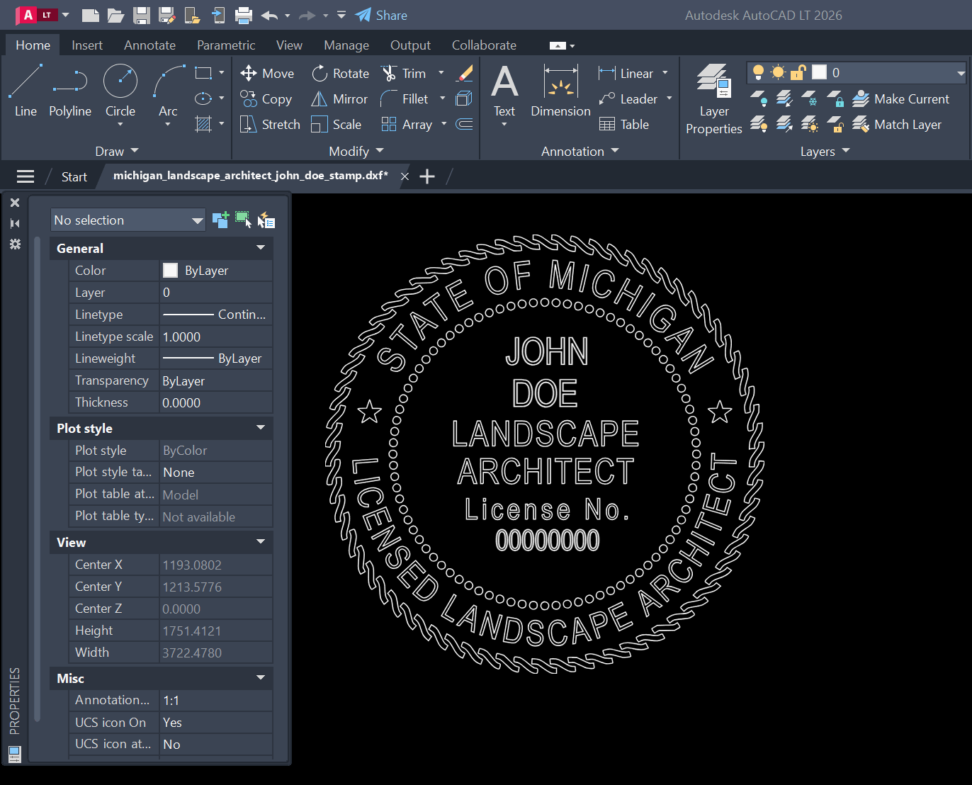 Michigan Landscape Architect stamp DXF opened in AutoCAD