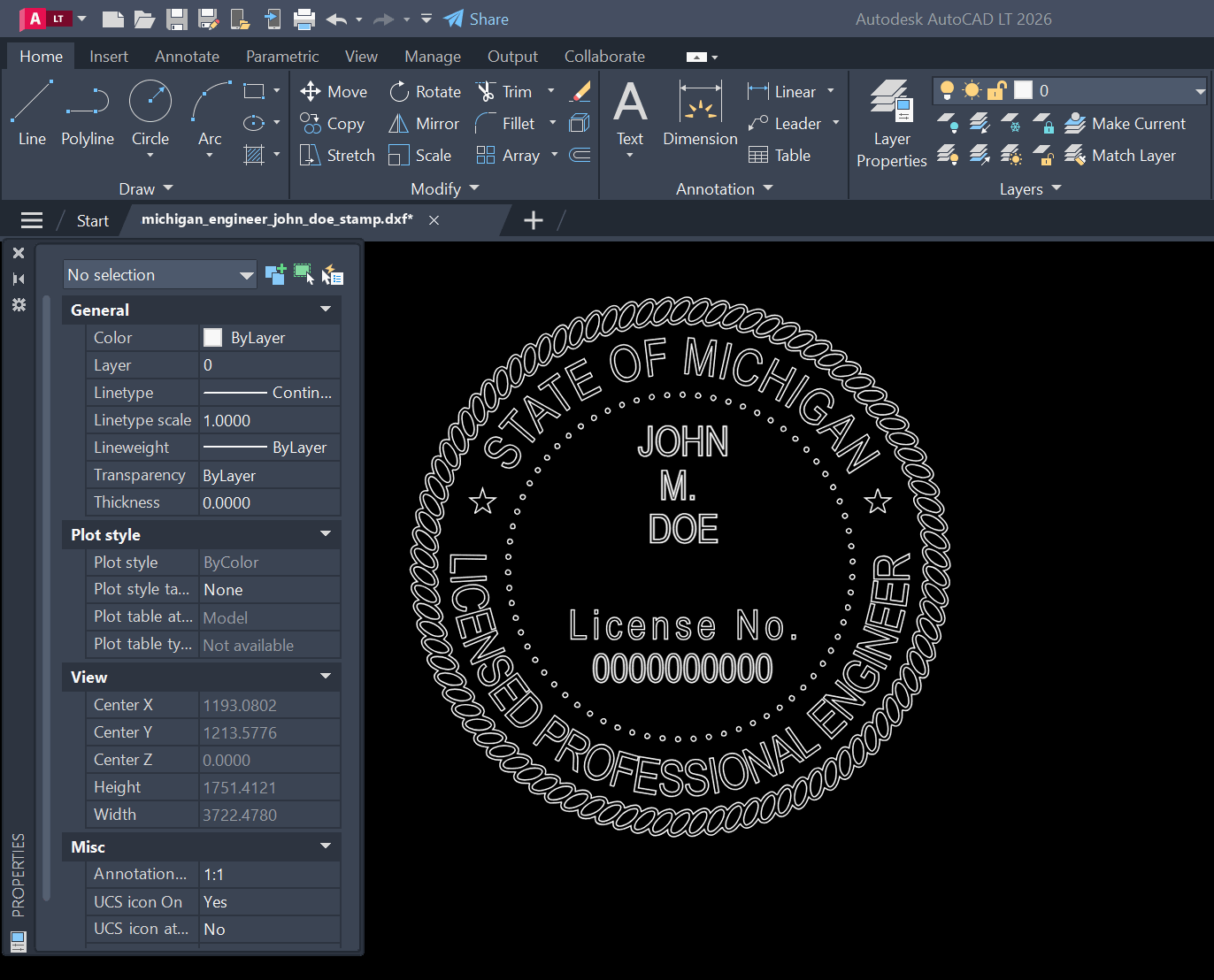 Michigan PE stamp DXF opened in AutoCAD