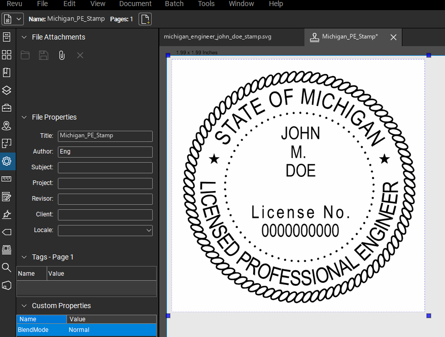 Michigan PE stamp applied to a PDF drawing in Bluebeam Revu