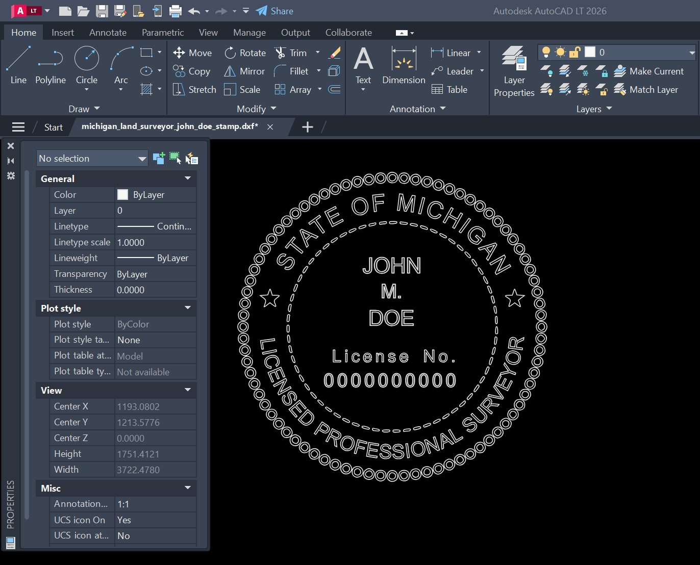 Michigan Land Surveyor stamp DXF opened in AutoCAD
