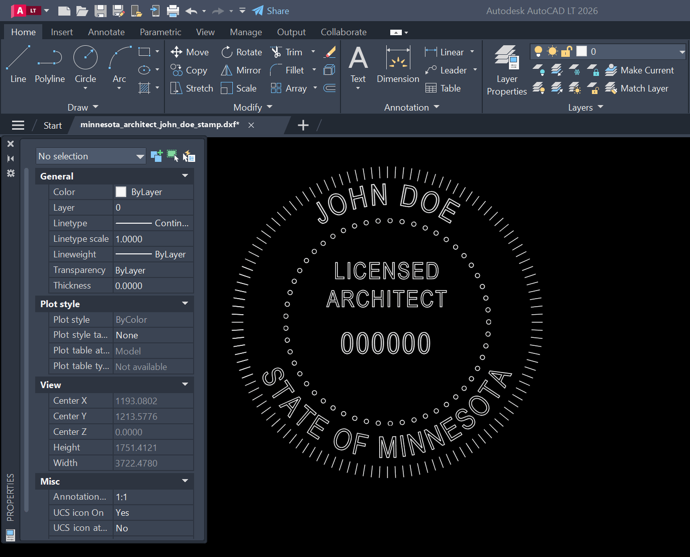 Minnesota Architect stamp DXF opened in AutoCAD