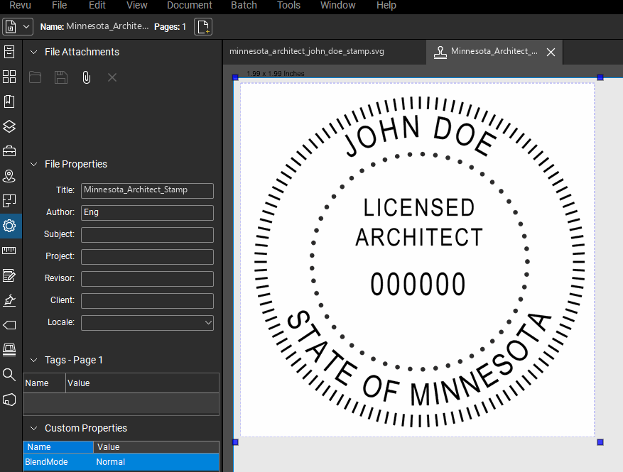 Minnesota Architect stamp applied to a PDF drawing in Bluebeam Revu