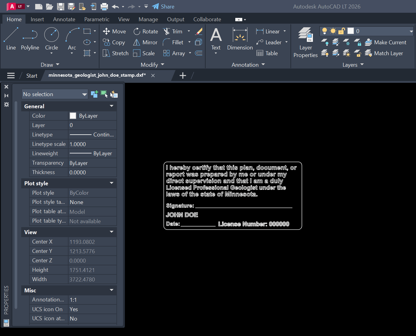 Minnesota Geologist stamp DXF opened in AutoCAD