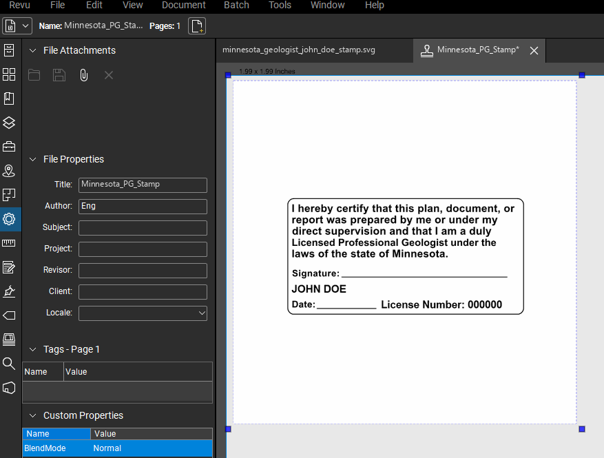 Minnesota Geologist stamp applied to a PDF drawing in Bluebeam Revu