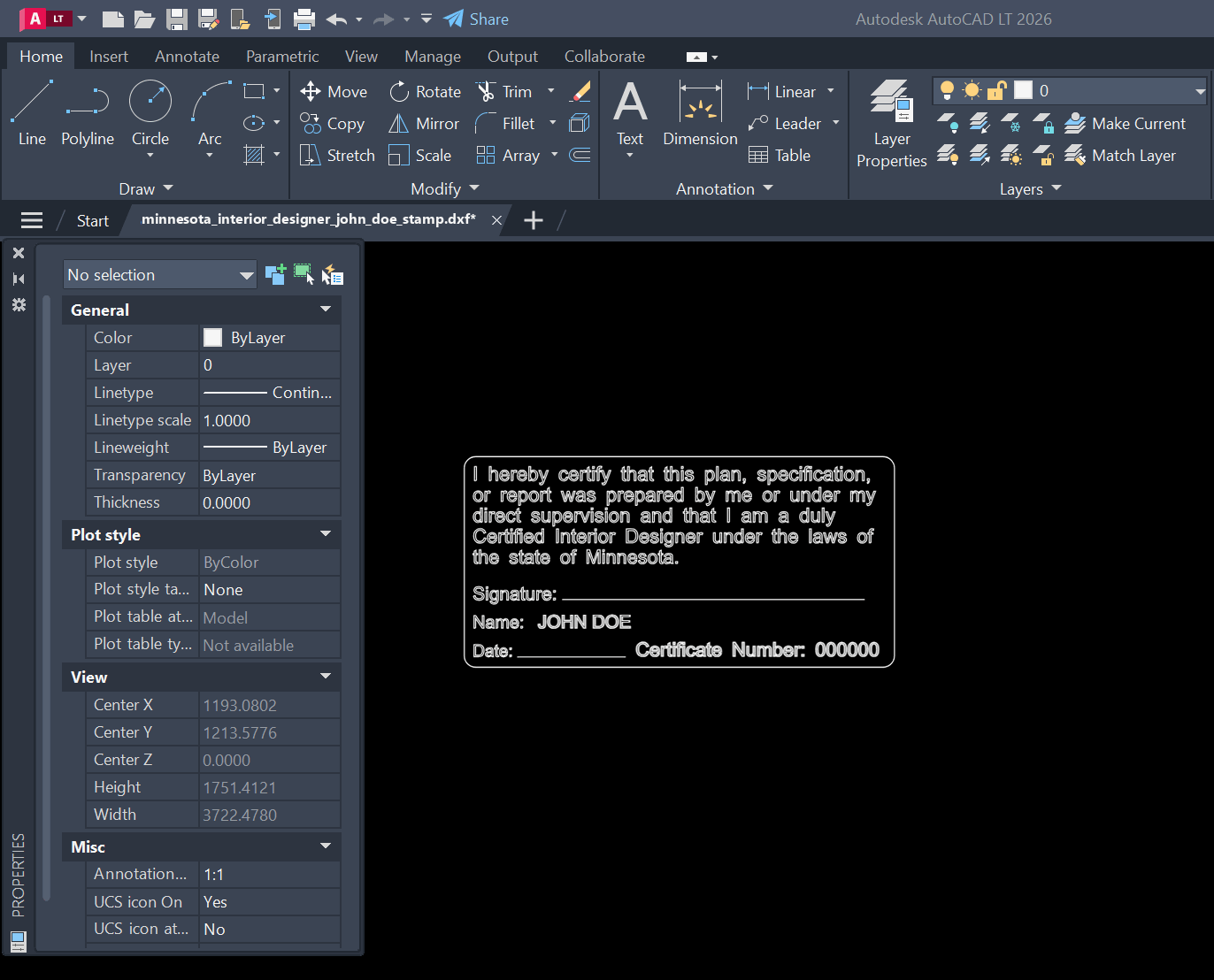 Minnesota Interior Designer stamp DXF opened in AutoCAD