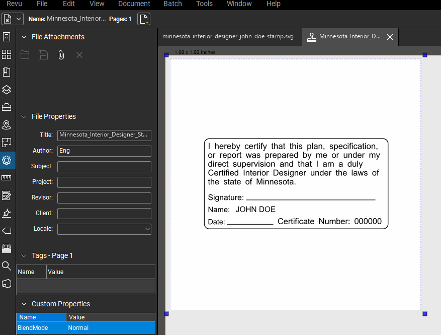 Minnesota Interior Designer stamp applied to a PDF drawing in Bluebeam Revu