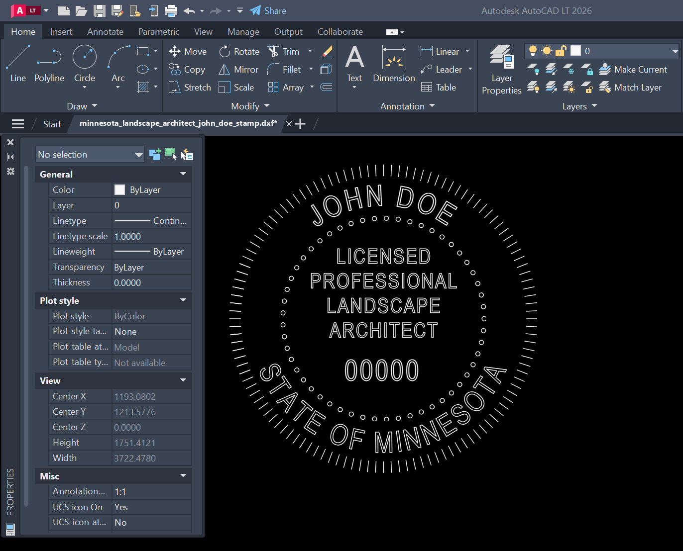 Minnesota Landscape Architect stamp DXF opened in AutoCAD