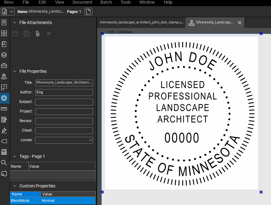 Minnesota Landscape Architect stamp applied to a PDF drawing in Bluebeam Revu