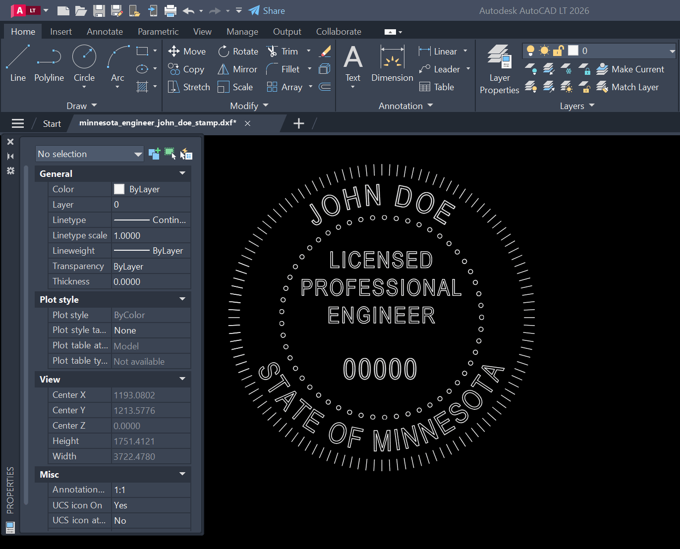 Minnesota PE stamp DXF opened in AutoCAD