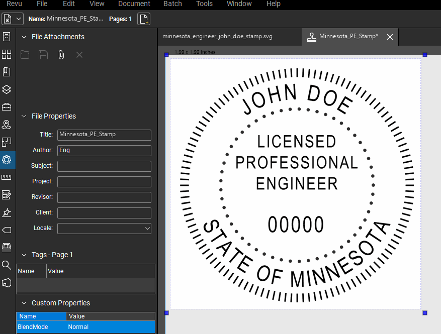 Minnesota PE stamp applied to a PDF drawing in Bluebeam Revu