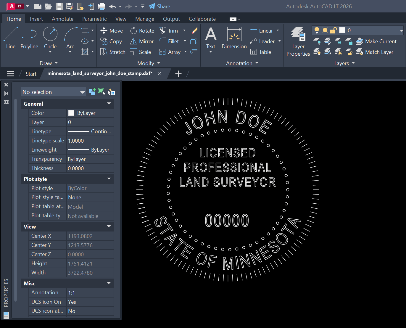 Minnesota Land Surveyor stamp DXF opened in AutoCAD