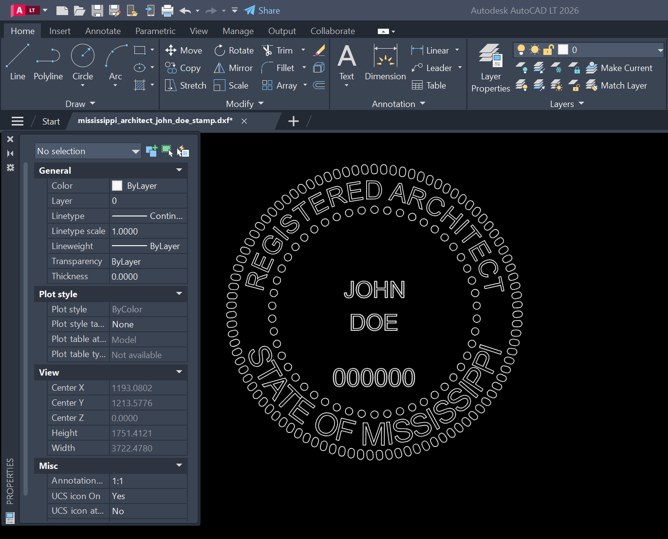 Mississippi Architect stamp DXF opened in AutoCAD