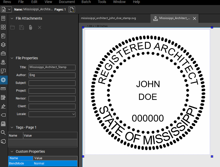 Mississippi Architect stamp applied to a PDF drawing in Bluebeam Revu