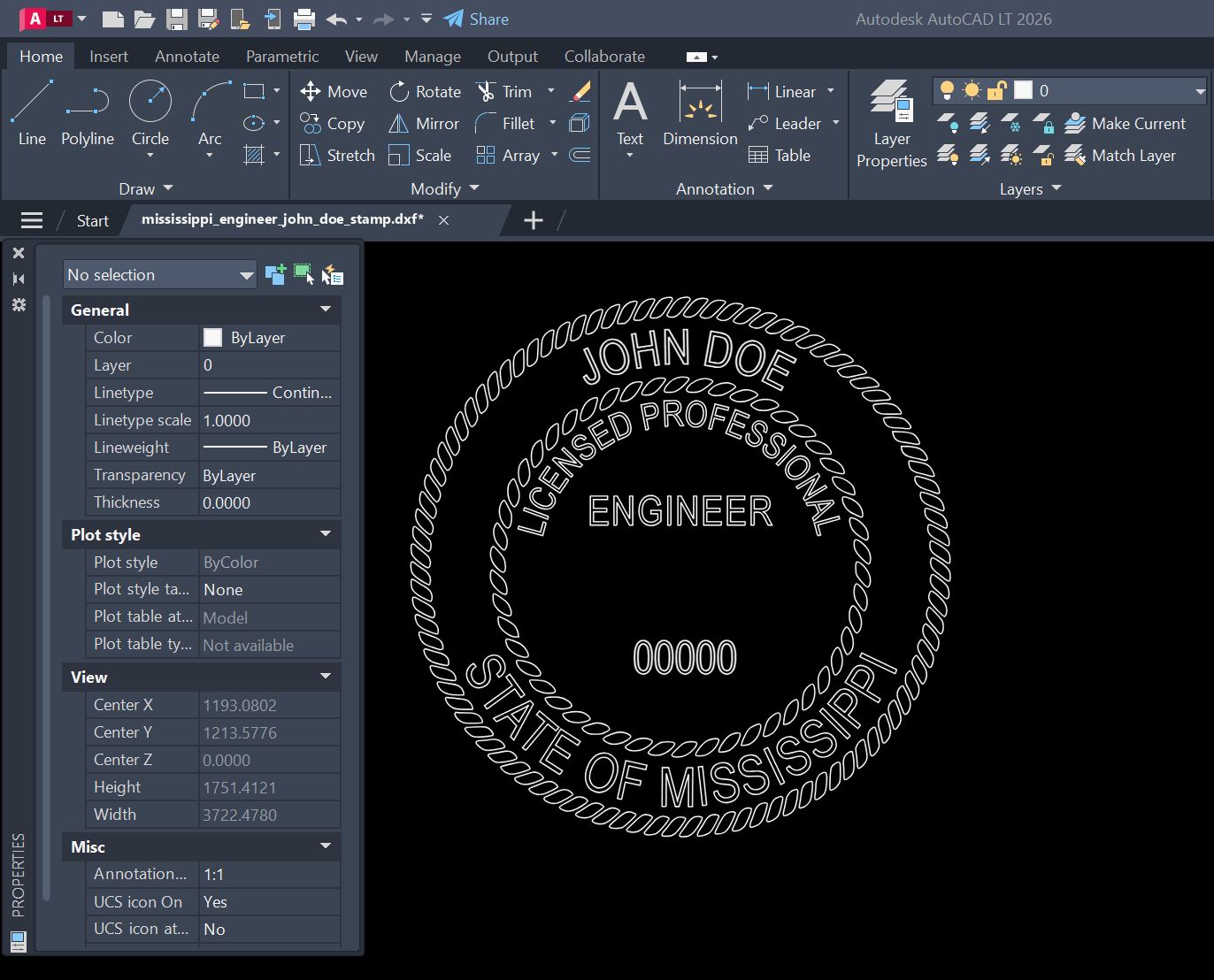 Mississippi PE stamp DXF opened in AutoCAD