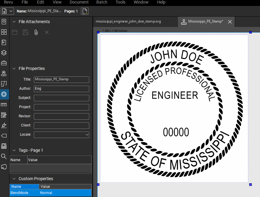 Mississippi PE stamp applied to a PDF drawing in Bluebeam Revu