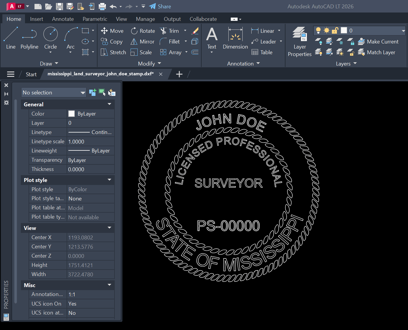 Mississippi Land Surveyor stamp DXF opened in AutoCAD