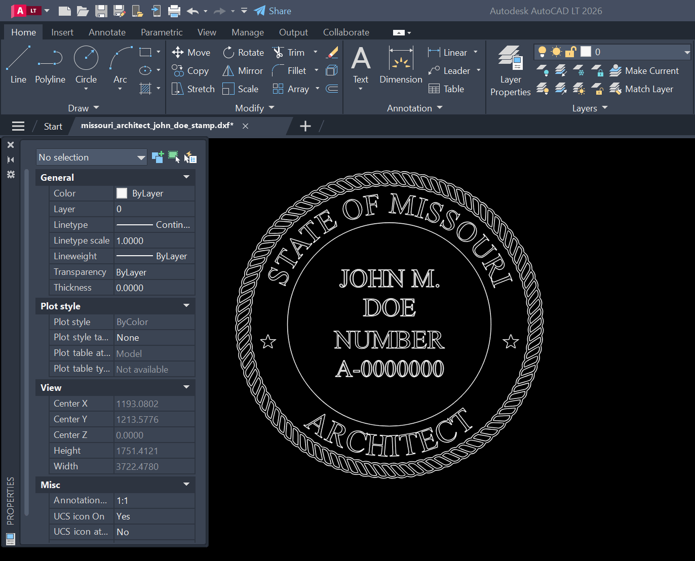 Missouri Architect stamp DXF opened in AutoCAD