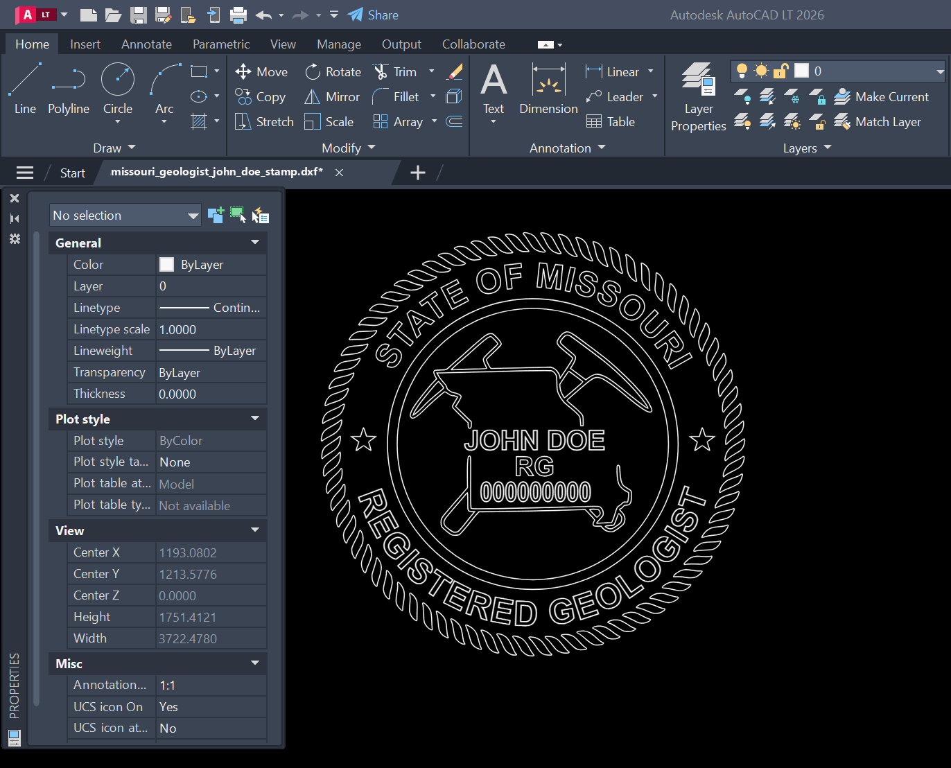 Missouri Geologist stamp DXF opened in AutoCAD