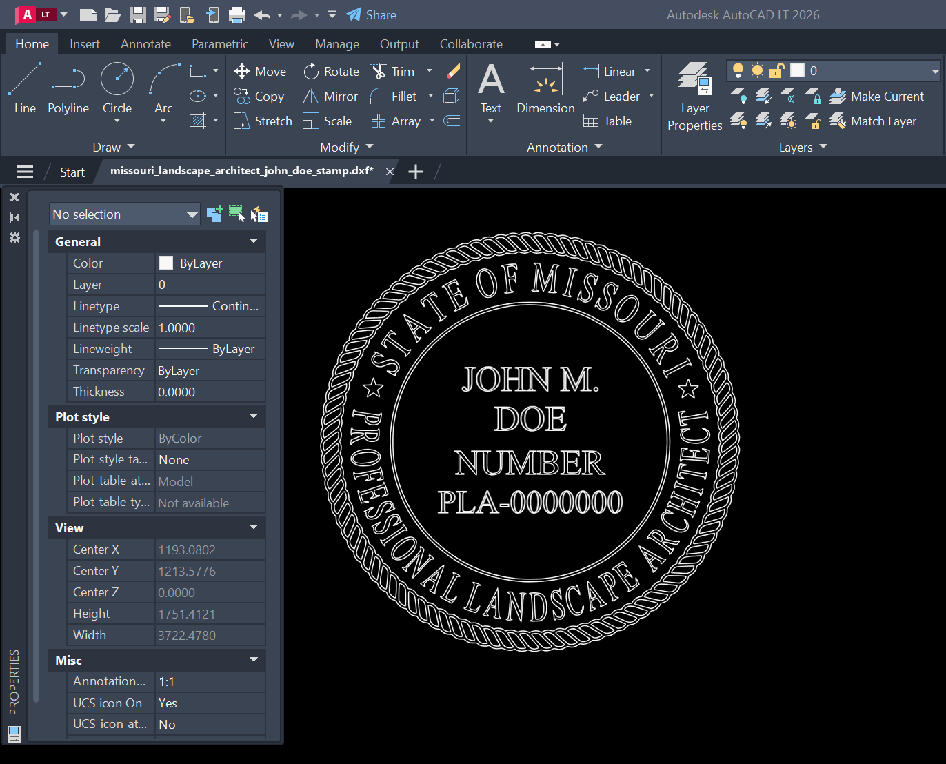 Missouri Landscape Architect stamp DXF opened in AutoCAD