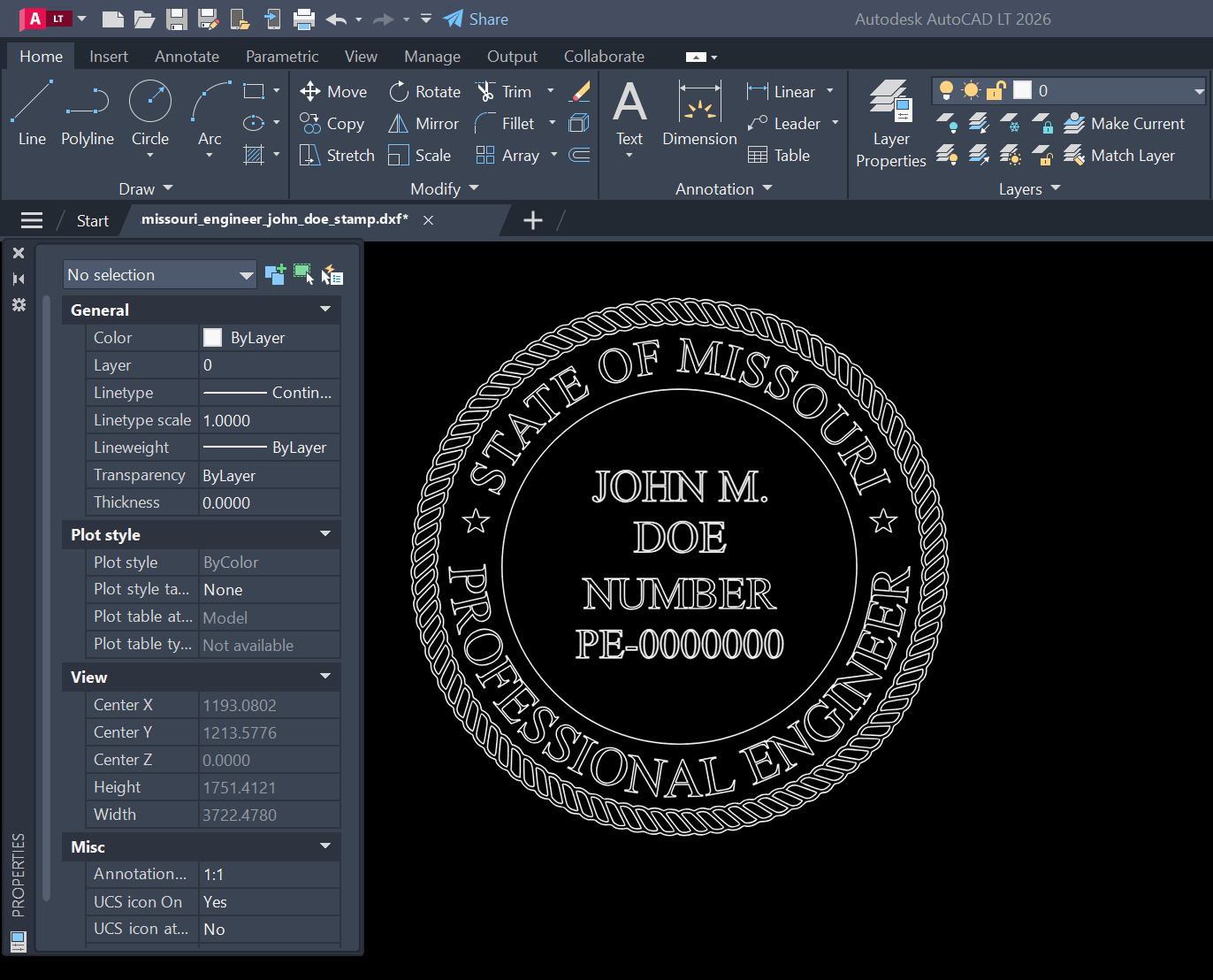 Missouri PE stamp DXF opened in AutoCAD