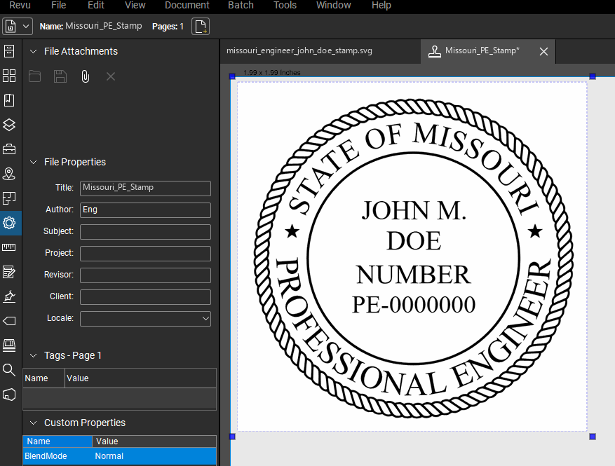 Missouri PE stamp applied to a PDF drawing in Bluebeam Revu