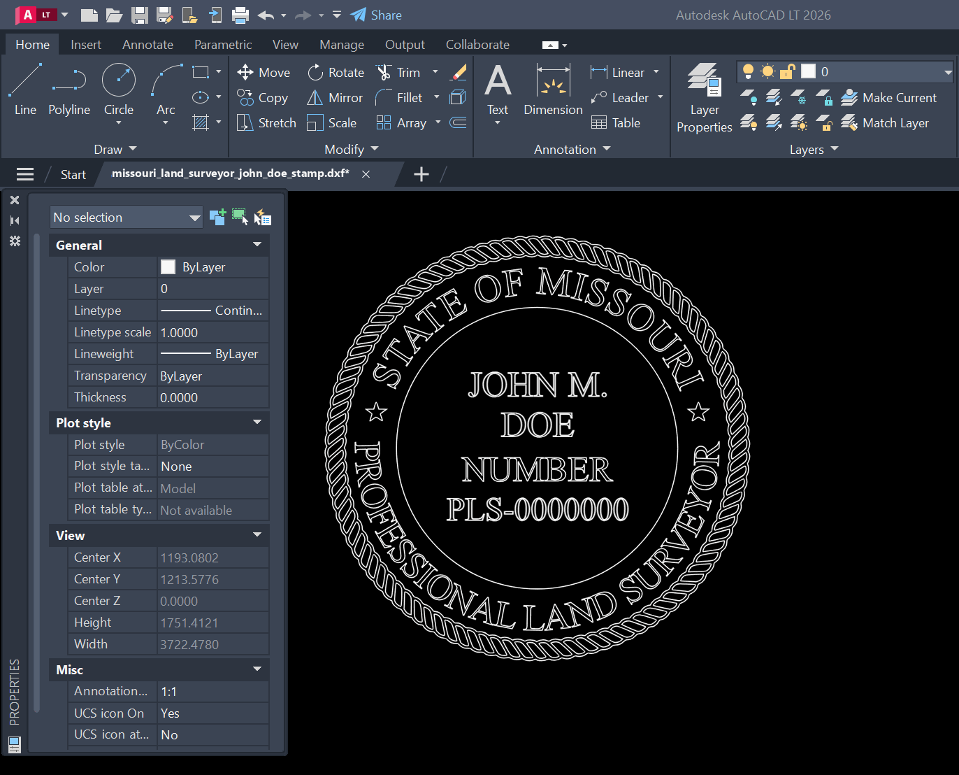 Missouri Land Surveyor stamp DXF opened in AutoCAD