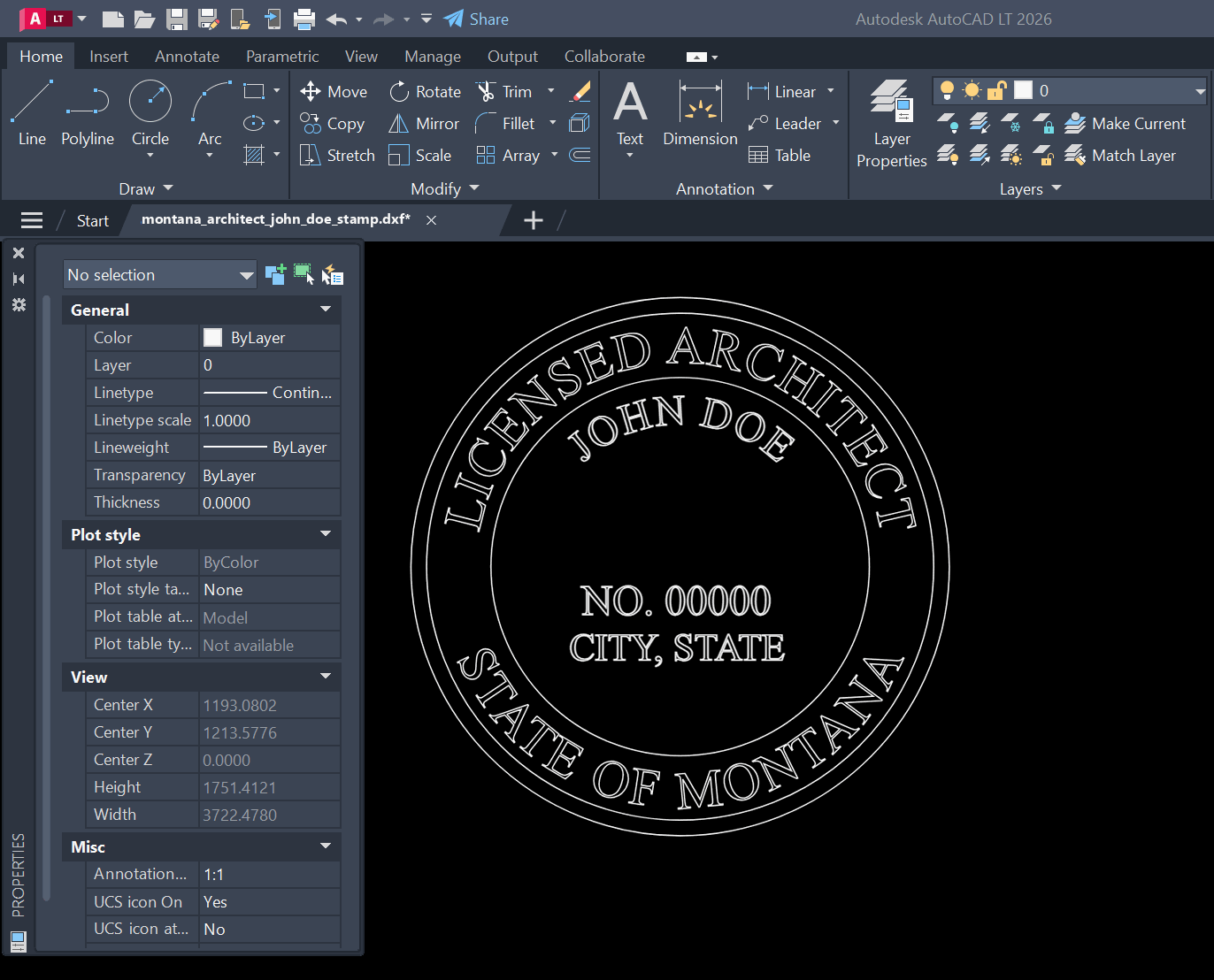 Montana Architect stamp DXF opened in AutoCAD